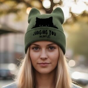 Olive Green Silently Judging You Cat Ear Beanie